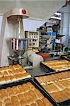 Rows of bread loaves in racks in a bakery