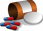 Pillbox with label, cap open and scattered pills. 3d vector isometric illustration