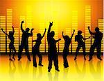 Silhouettes of young people dancing with graphic equaliser background