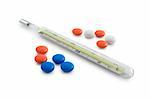 Thermometer and many pills. Clipping path included.