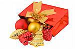Christmas tree decorations in the red bag isolated on white background with clipping path