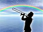 Trumpet player silhouette under a rainbow landscape