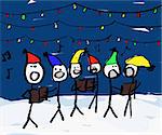 A child like drawing of a group of christmas carolers with lights