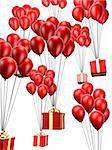 3d rendered illustration of many flying red balloons with presents