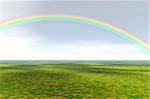 Green field - 3d render of prairie panorama with rainbow