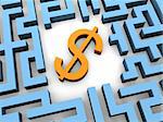 3d rendered illustration of a blue maze and a golden dollar sign