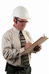 a construction safety inspector with safety goggles and a hard hat inspecting a jobsite