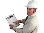 a construction inspector pointing with concern to his report on this clipboard - isolated