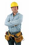 A handsome friendly construction worker wearing a hard hat and tool belt.