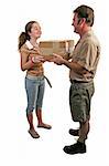 a girl taking delivery of a package from a courier