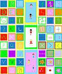 colorful design with alphabet, numbers and children playing