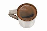 Fresh black coffee in a metal cup