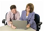 A male and female business colleague working on a project together using a laptop. Or a professional showing something on the computer to a client.