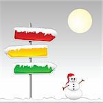 Road signs of different colors covered with snow and a snowman with a Santa's hat. Vector. Each element on separate layers.