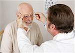 Optician putting a new pair of reading glasses on a patient.