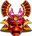 An illustration of a red orange and magenta fearsome samurai mask