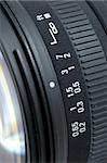 Close up of distance scale of camera lens
