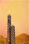 Two christmas candles over color background, vertical composition