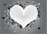 White and gray abstract heart design with grunge paint splats and scattered hearts against a gray background.