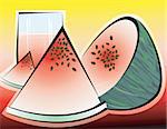 Illustration of sliced watermelon and glass of juice