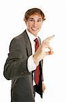 Enthusiastic young businessman giving the A-okay sign for success.  Isolated on white.