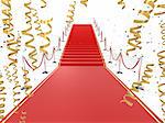 3d rendered illustration of a red carpet with barriers and golden ribbons