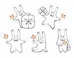 Five stylized happy rabbits on a white background. Holiday illustration.