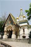 A low-angle shot of the Russian Church (St. Nikolai)  in Sofia, Bulgaria