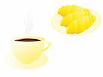 Vector illustration of a cup of hot coffee and fresh croissants