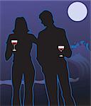 Silhouette of a couple standing in moonlight and holding wine glasses