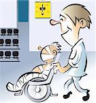 Illustration of attendee is taking a patient to clinic in a wheelchair