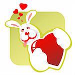 Stylized enamored rabbit with heart on a green background. Valentines illustration.