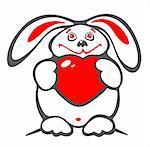 Thick  stylized  happy rabbit with heart on a white background. Valentines illustration.