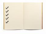 open lined notebook with checklist boxes against white background, minimal natural shadow in front