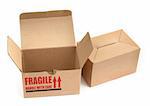 two cardboard boxes againt white background, minimal shadow among, photo does not infringe any copyright