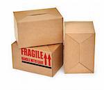 close-up of three cardboard boxes againt white background, minimal natural shadow in front