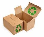 two cardboard boxes with recycle symbol on white background, minimal shadow among