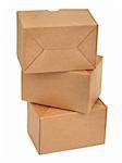 close-up of three cardboard boxes againt white background