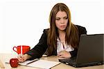 Attractive young brunette woman in business suit writing on a notebook sitting at a desk and looking at a computer screen