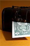 Wood cashbox isolated on brown