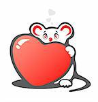 Stylized timid mouse with heart on a white background. Valentines illustration.