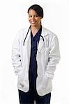 Female attractive African American doctor wearing white lab coat wearing a stethoscope around shoulders smiling standing on white background