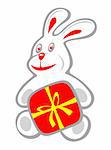 Stylized rabbit with red gift box on a white background. Valentines illustration.