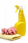 Spray Bottle with pink Gloves on bright Background