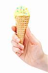 Holding delicious vanilla ice cream cone isolated on white background