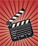 Open movie clapboard with red beams background. Vector.