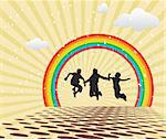 Children Jumping against multi colored backgrounds and rainbow