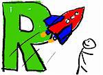 A childlike drawing of the letter R, with a stick man watching a Red Rocket