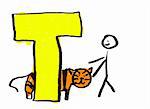 A childlike drawing of the letter T, with a stick man and a tiger