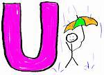 A childlike drawing of the letter U, with a stick man holding an umbrella